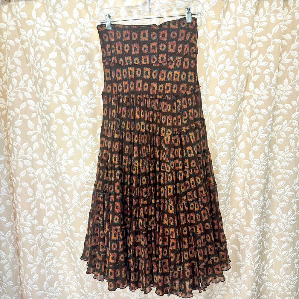 Jones New York Flowy Tiered Ruffle Boho High Waist Midi Skirt Size 6 Silk Lined